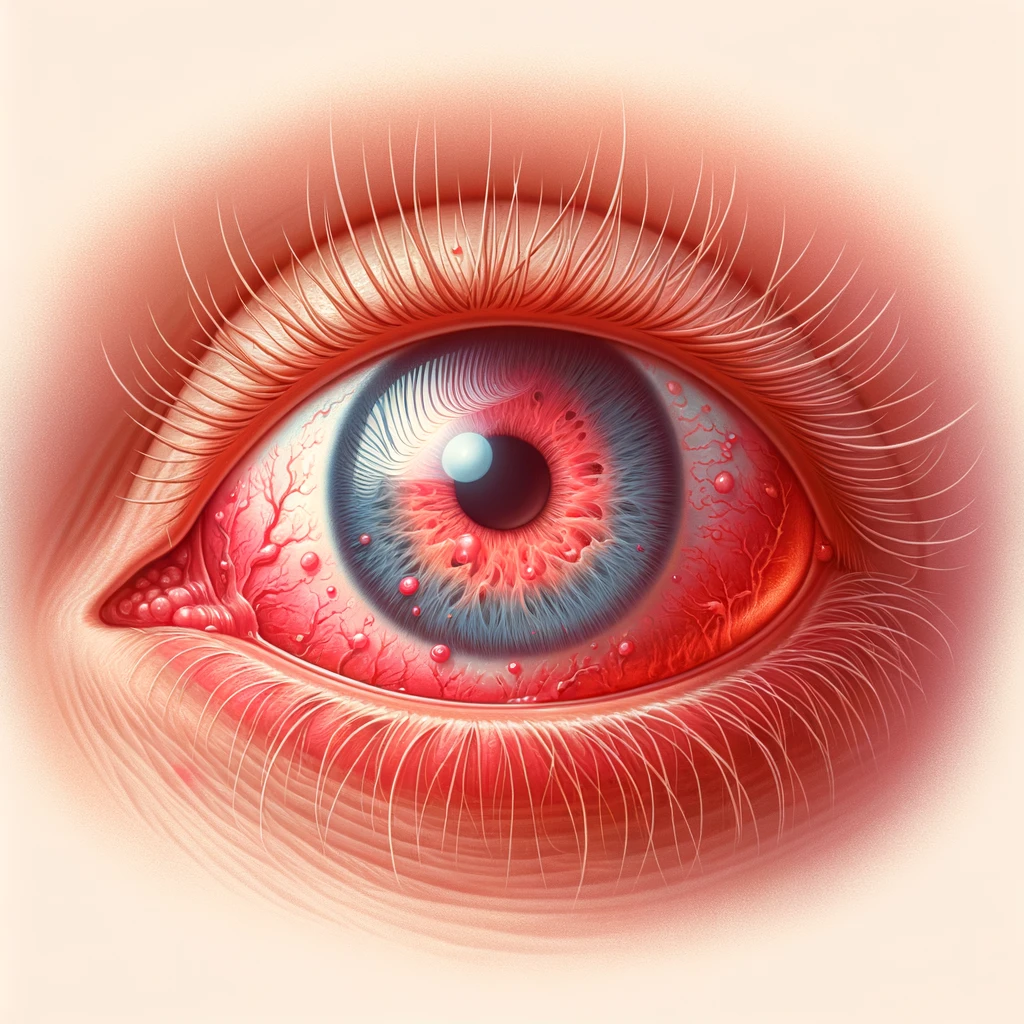 Illustration of an eye with pink eye (conjunctivitis)